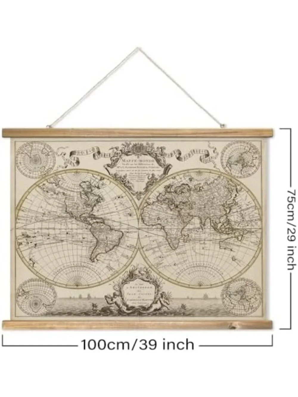 Vintage 17th Century World Map Print on Linen with Wooden Hanger, Retro Wall